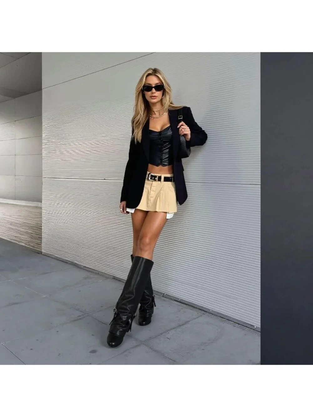 Women's Black Pu Round Toe Chunky Heel Faux Leather Slouch Knee High Boots
